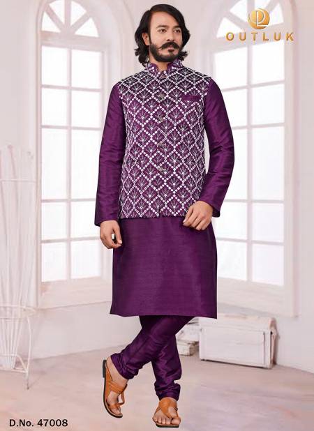 Magenta Colour New Exclusive Wear Art Silk Jacquard Print Kurta Pajama With Jacket Mens Collection 47008